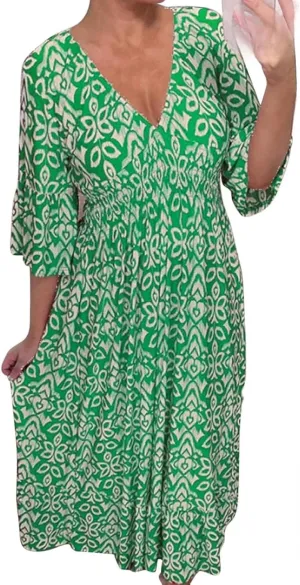 Bohemian Casual Print V-Neck Waist Wrap Long Dress, Plus Size Summer V Neck Floral Dress for Women, Bohemian 3/4 Sleeve