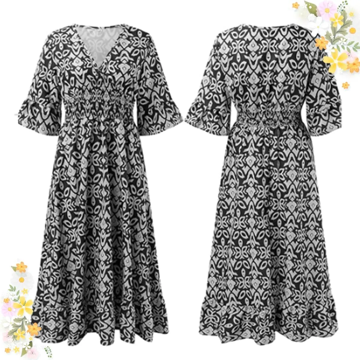 Bohemian Casual Print V-Neck Waist Wrap Long Dress, Plus Size Summer V Neck Floral Dress for Women, Bohemian 3/4 Sleeve