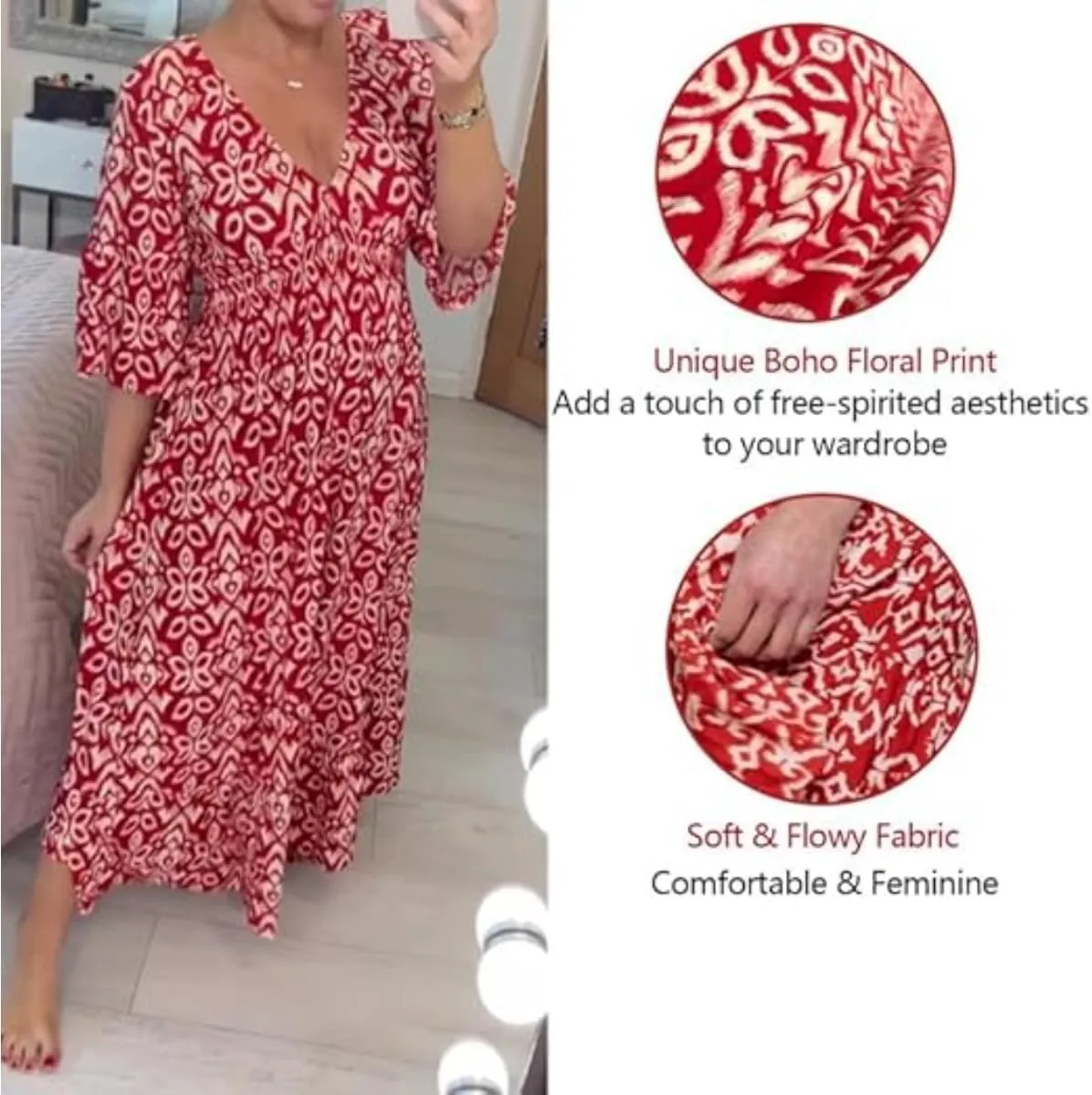 Bohemian Casual Print V-Neck Waist Wrap Long Dress, Plus Size Summer V Neck Floral Dress for Women, Bohemian 3/4 Sleeve