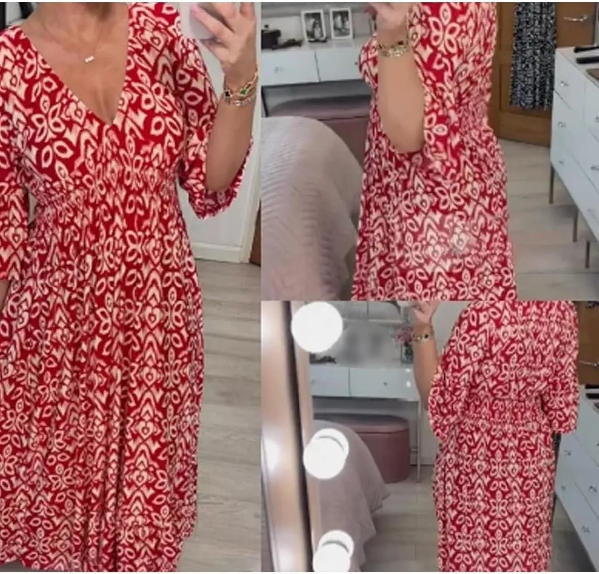 Bohemian Casual Print V-Neck Waist Wrap Long Dress, Plus Size Summer V Neck Floral Dress for Women, Bohemian 3/4 Sleeve