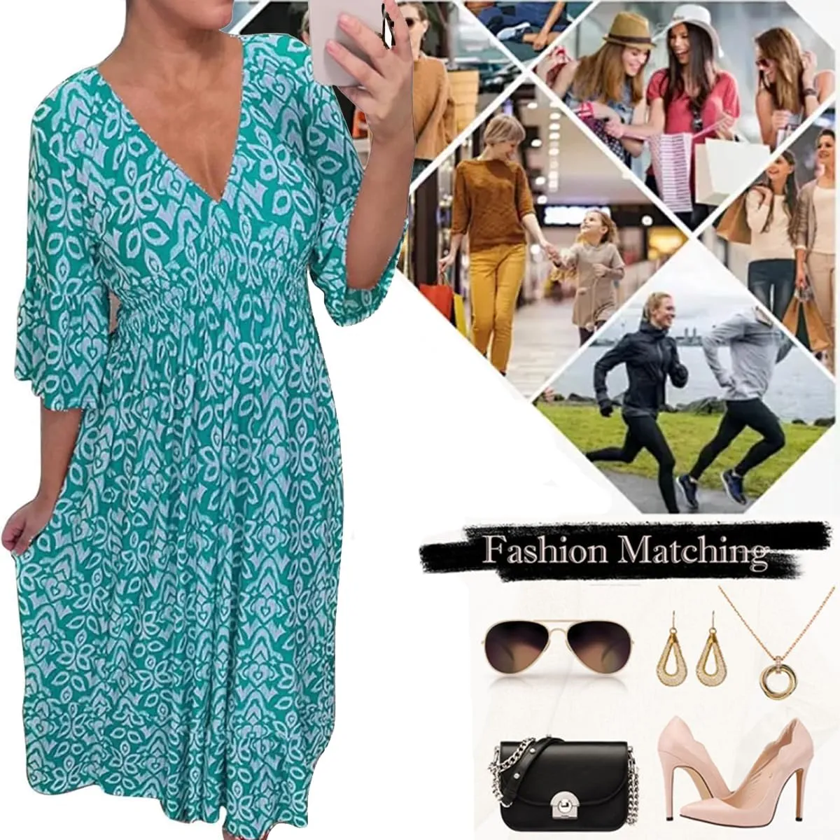 Bohemian Casual Print V-Neck Waist Wrap Long Dress, Plus Size Summer V Neck Floral Dress for Women, Bohemian 3/4 Sleeve