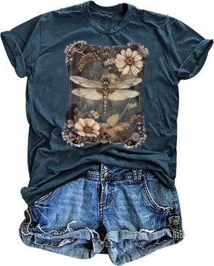 Butovek Womens Vintage Dragonfly Graphic Shirt Casual Boho Flower Round Neck Short Sleeve Top Summer T Shirt