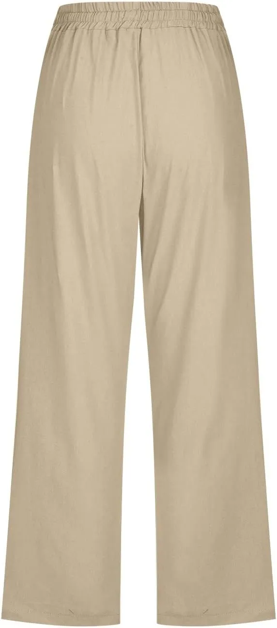 Casual Linen Pants for Women Pants Drawstring Elastic Trousers Comfy Straight Leg Long with Pockets Petite