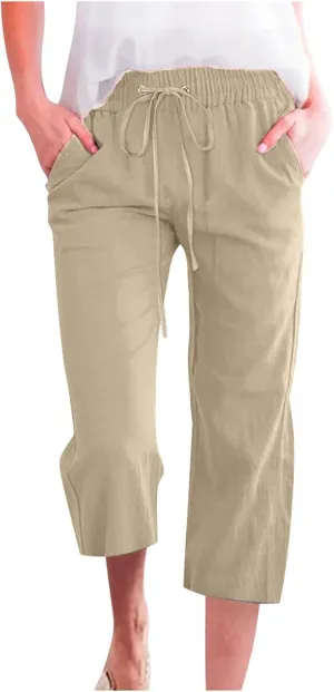 Casual Linen Pants for Women Pants Drawstring Elastic Trousers Comfy Straight Leg Long with Pockets Petite
