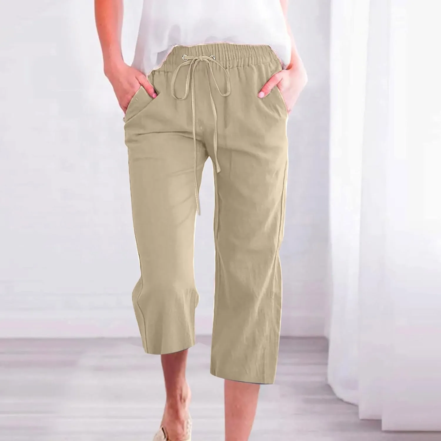 Casual Linen Pants for Women Pants Drawstring Elastic Trousers Comfy Straight Leg Long with Pockets Petite