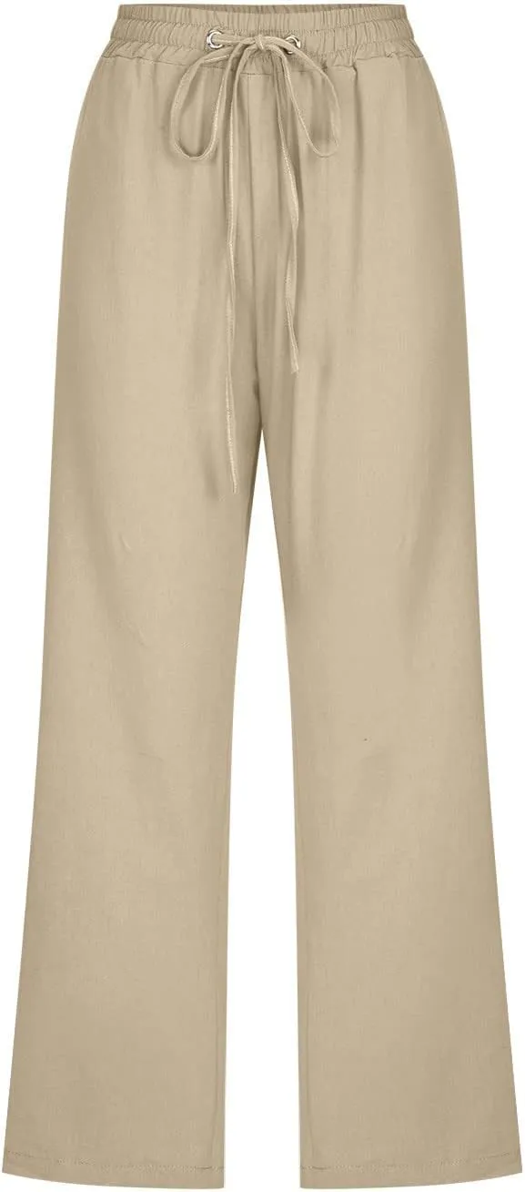 Casual Linen Pants for Women Pants Drawstring Elastic Trousers Comfy Straight Leg Long with Pockets Petite