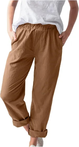 Casual Pants for Women Solid Color Elastic High Wasited Comfy Trousers with Pockets Cotton Linen Drawstring Pants
