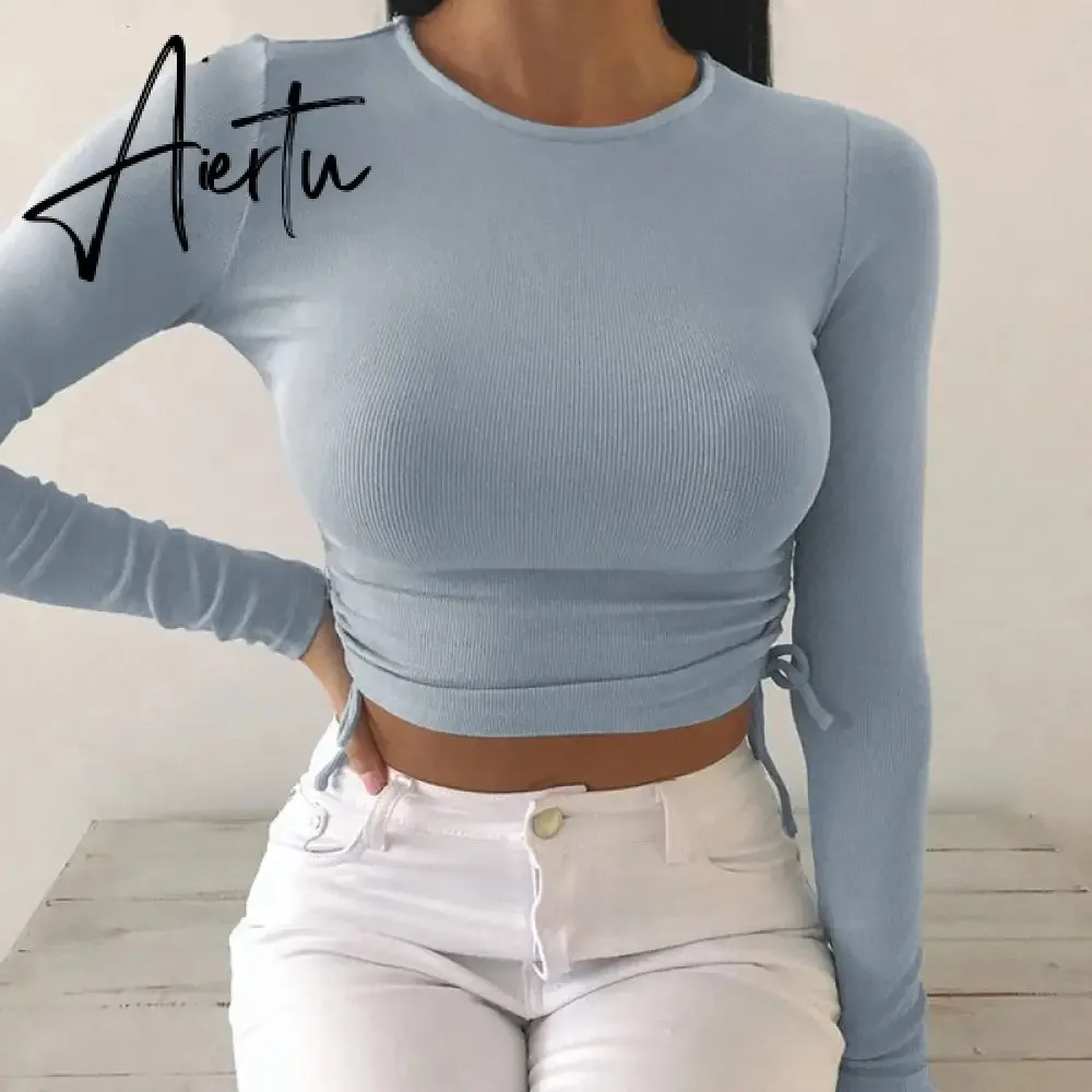 Casual Solid O-Neck Long Sleeve Crop Top Women Pullover Side Drawstring Sweatshirt Ruched White T-Shirt Tee Shirt Women Clothing