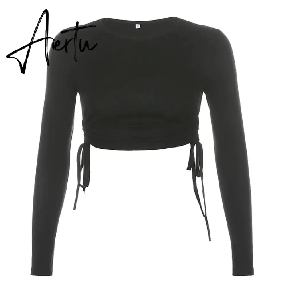 Casual Solid O-Neck Long Sleeve Crop Top Women Pullover Side Drawstring Sweatshirt Ruched White T-Shirt Tee Shirt Women Clothing