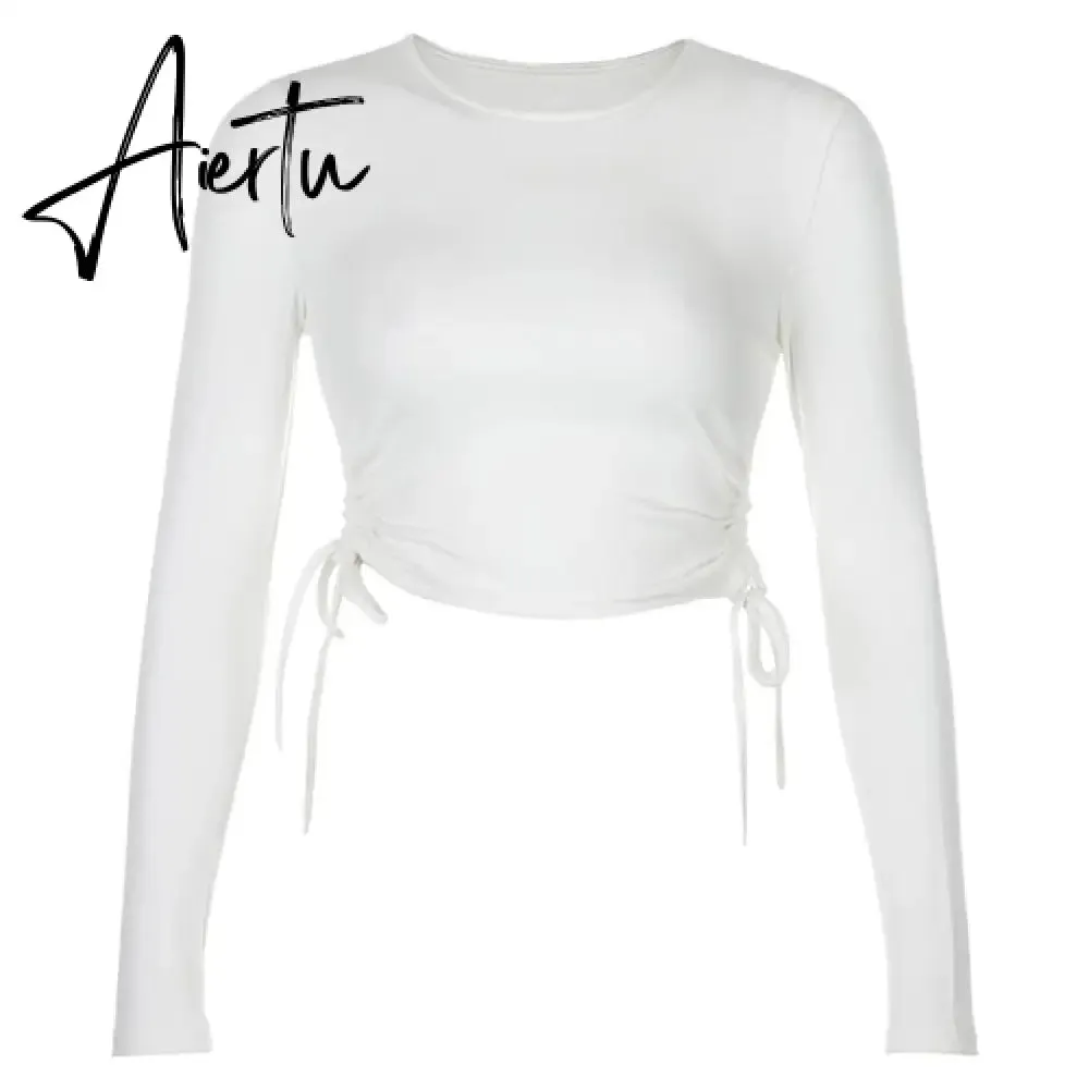 Casual Solid O-Neck Long Sleeve Crop Top Women Pullover Side Drawstring Sweatshirt Ruched White T-Shirt Tee Shirt Women Clothing