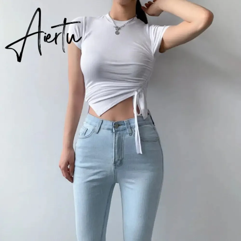 Casual Solid O-Neck Long Sleeve Crop Top Women Pullover Side Drawstring Sweatshirt Ruched White T-Shirt Tee Shirt Women Clothing