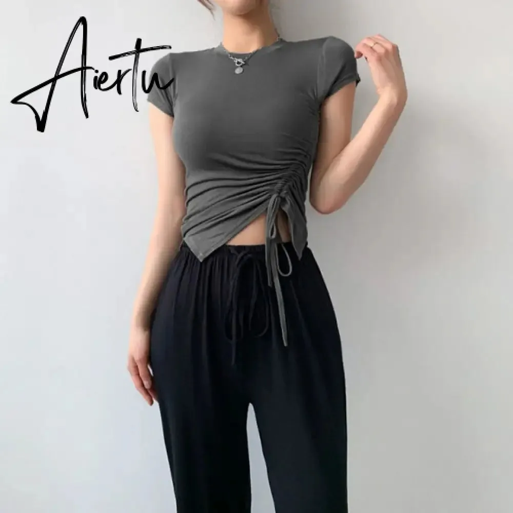 Casual Solid O-Neck Long Sleeve Crop Top Women Pullover Side Drawstring Sweatshirt Ruched White T-Shirt Tee Shirt Women Clothing