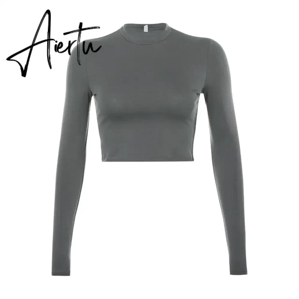 Casual Solid O-Neck Long Sleeve Crop Top Women Pullover Side Drawstring Sweatshirt Ruched White T-Shirt Tee Shirt Women Clothing
