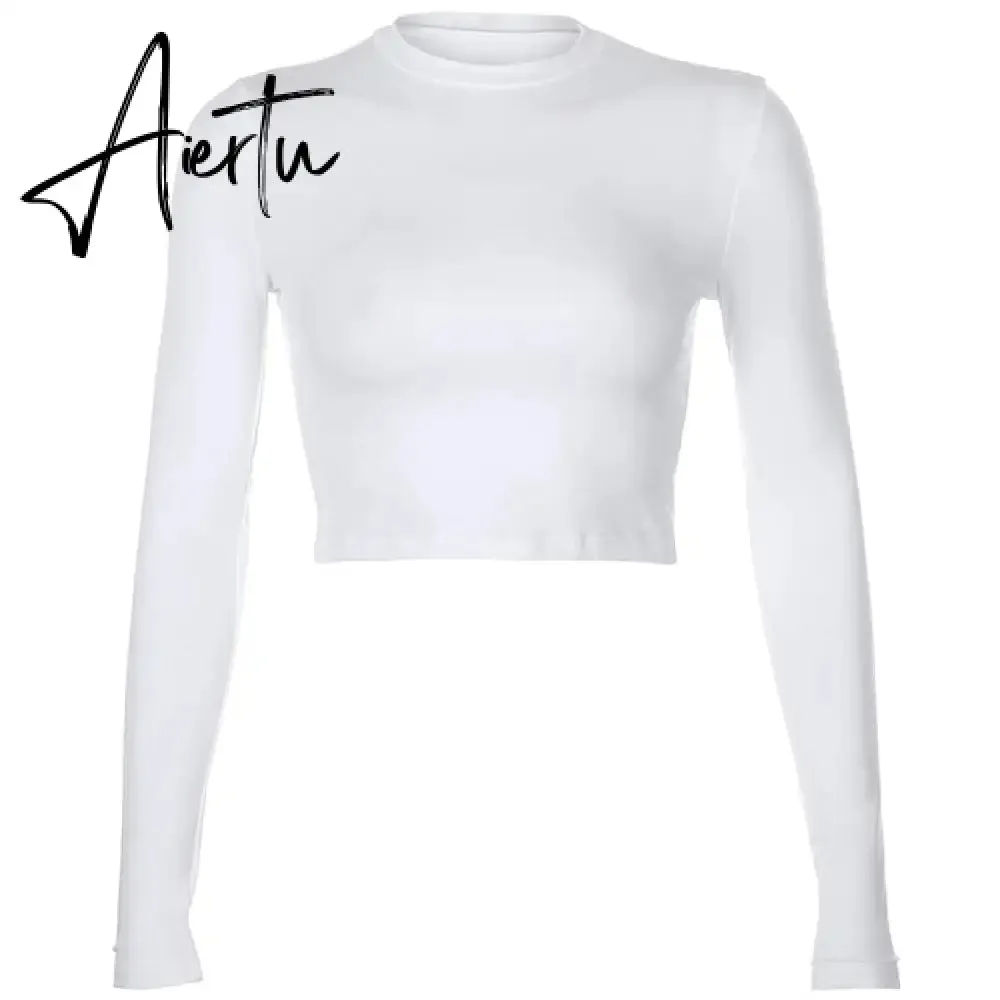 Casual Solid O-Neck Long Sleeve Crop Top Women Pullover Side Drawstring Sweatshirt Ruched White T-Shirt Tee Shirt Women Clothing