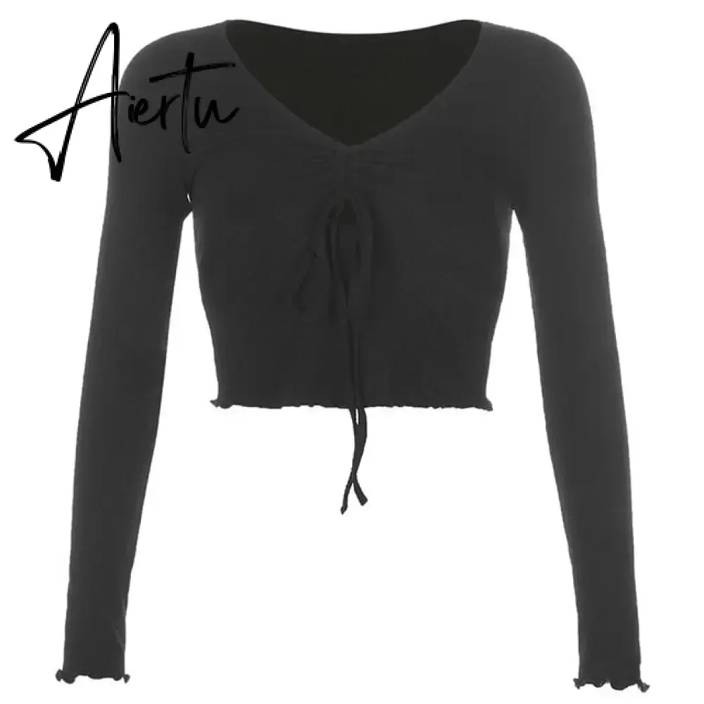 Casual Solid O-Neck Long Sleeve Crop Top Women Pullover Side Drawstring Sweatshirt Ruched White T-Shirt Tee Shirt Women Clothing