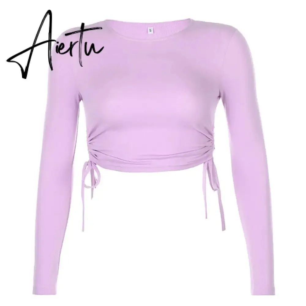 Casual Solid O-Neck Long Sleeve Crop Top Women Pullover Side Drawstring Sweatshirt Ruched White T-Shirt Tee Shirt Women Clothing