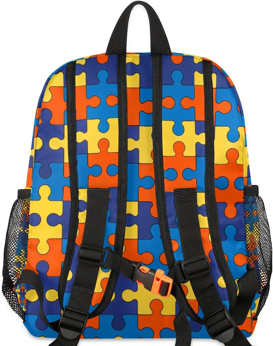 cfpolar Autism Awareness Backpack Colorful Jigsaws Pattern Waterproof 12 In Backpack Autism Awareness Casual Daypack Travel Bag Snack Bag with Chest Strap