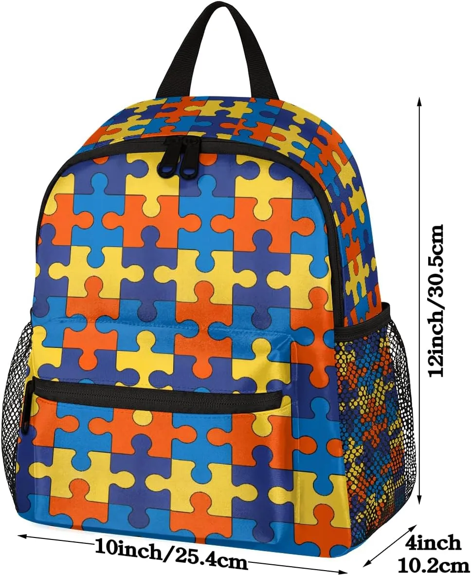 cfpolar Autism Awareness Backpack Colorful Jigsaws Pattern Waterproof 12 In Backpack Autism Awareness Casual Daypack Travel Bag Snack Bag with Chest Strap