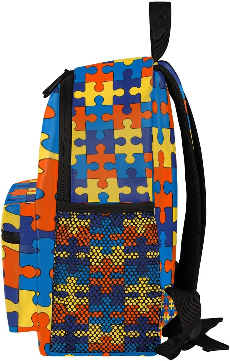 cfpolar Autism Awareness Backpack Colorful Jigsaws Pattern Waterproof 12 In Backpack Autism Awareness Casual Daypack Travel Bag Snack Bag with Chest Strap