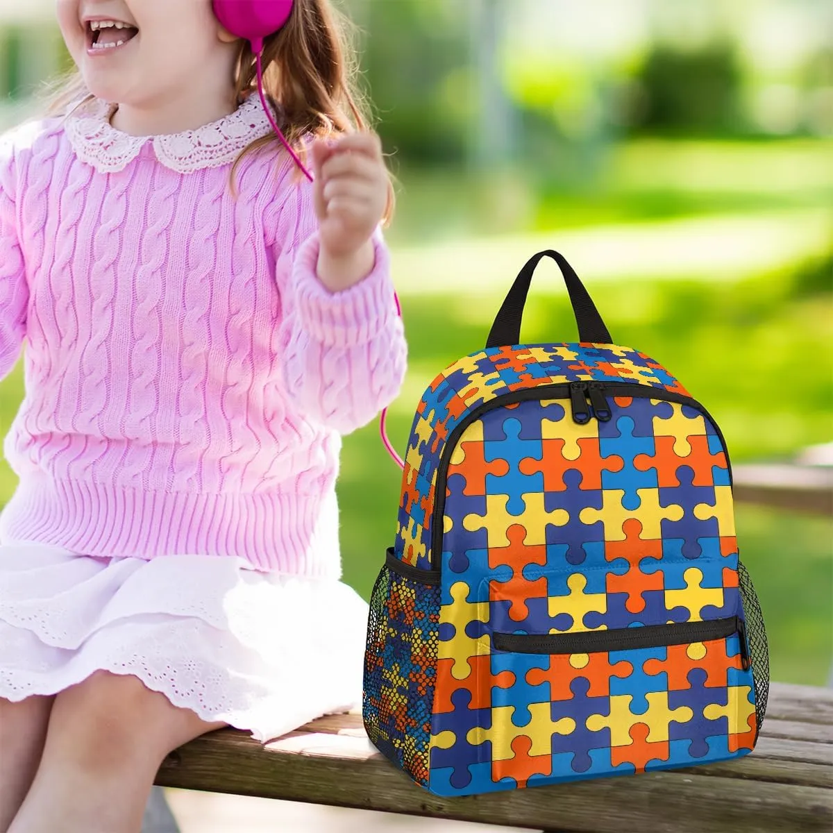 cfpolar Autism Awareness Backpack Colorful Jigsaws Pattern Waterproof 12 In Backpack Autism Awareness Casual Daypack Travel Bag Snack Bag with Chest Strap