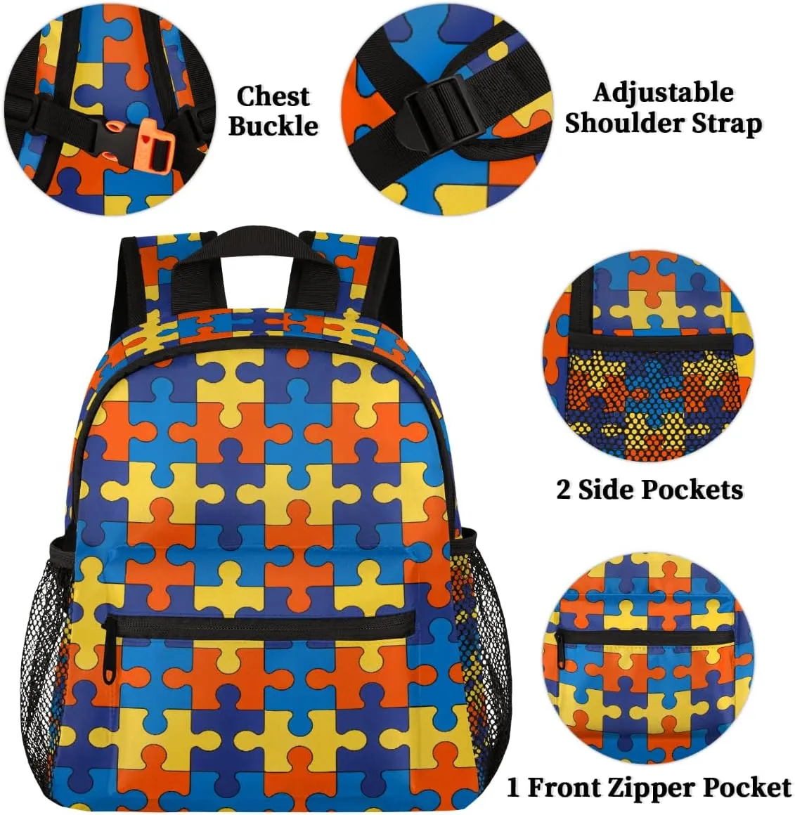 cfpolar Autism Awareness Backpack Colorful Jigsaws Pattern Waterproof 12 In Backpack Autism Awareness Casual Daypack Travel Bag Snack Bag with Chest Strap