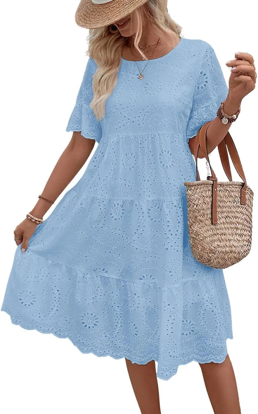 chouyatou Women's Lace Eyelet Short Sleeve Tiered Midi Long Dress Ruffle Hem Babydoll Short Dress