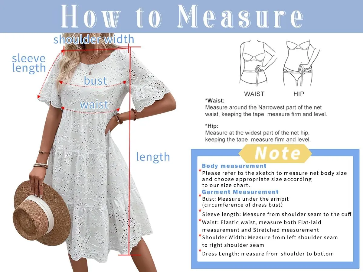 chouyatou Women's Lace Eyelet Short Sleeve Tiered Midi Long Dress Ruffle Hem Babydoll Short Dress