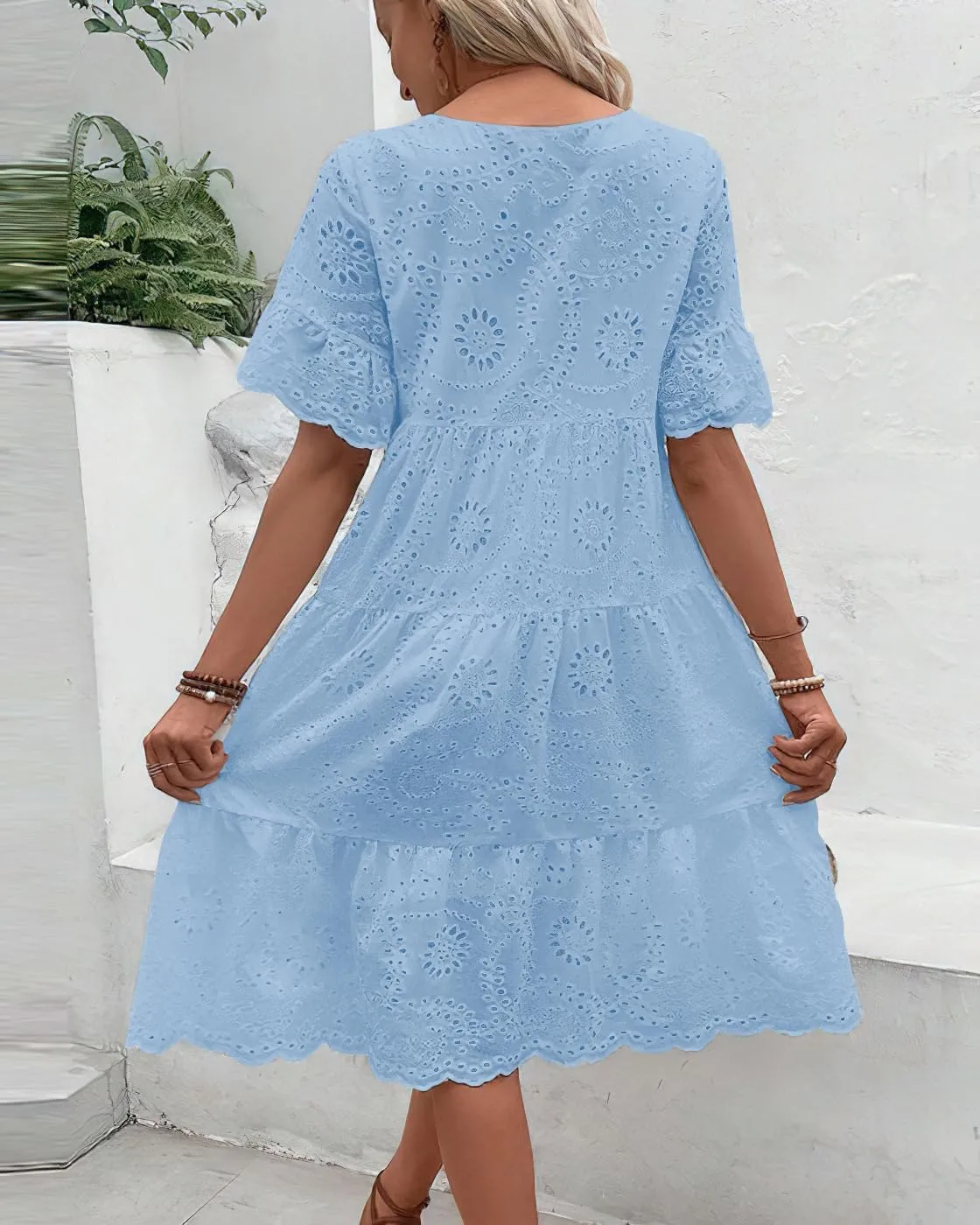 chouyatou Women's Lace Eyelet Short Sleeve Tiered Midi Long Dress Ruffle Hem Babydoll Short Dress