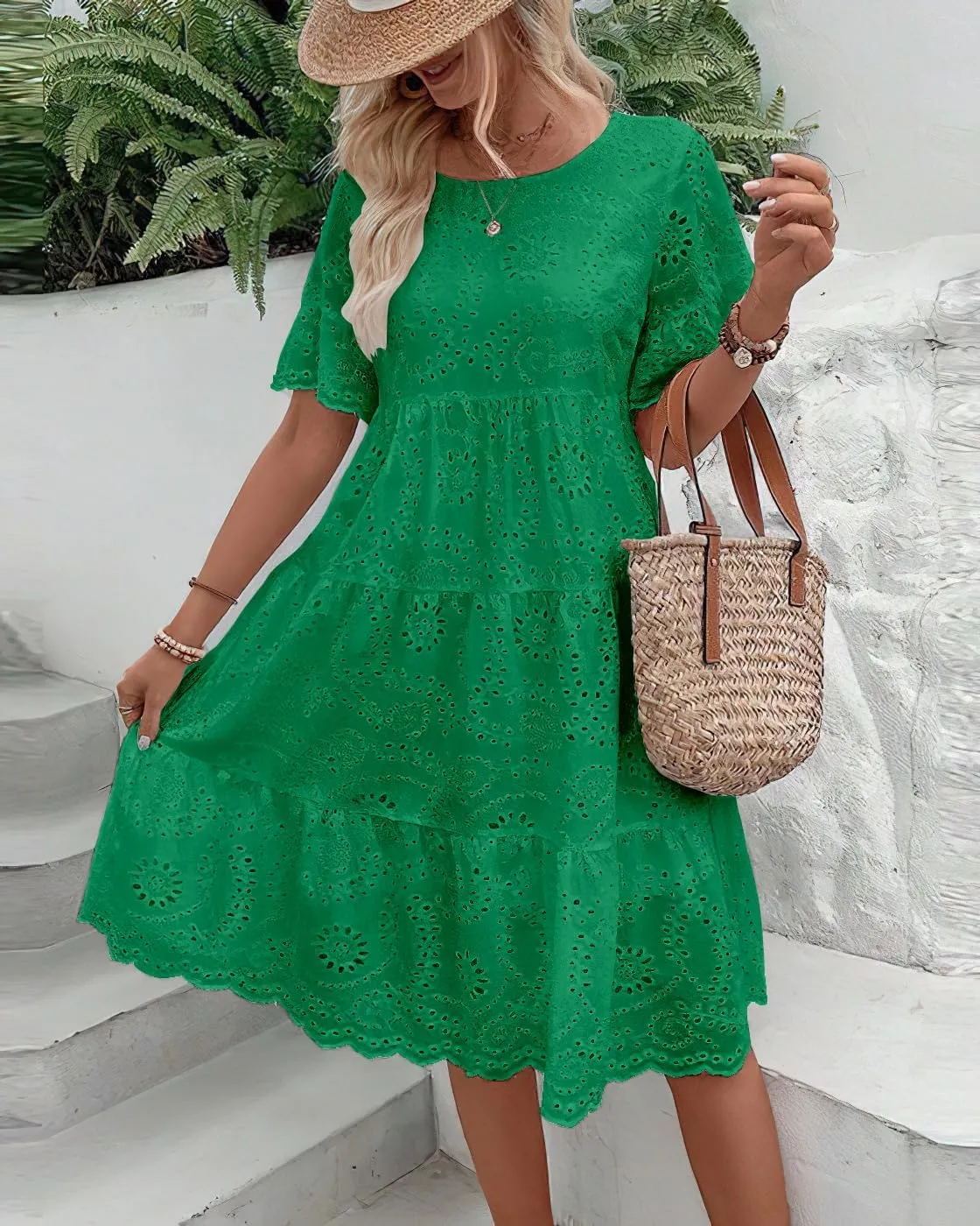 chouyatou Women's Lace Eyelet Short Sleeve Tiered Midi Long Dress Ruffle Hem Babydoll Short Dress