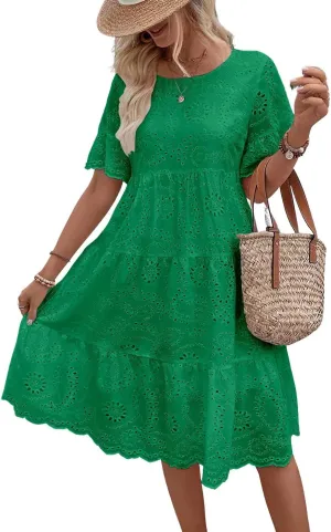 chouyatou Women's Lace Eyelet Short Sleeve Tiered Midi Long Dress Ruffle Hem Babydoll Short Dress