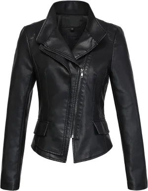 chouyatou Women's Stylish Oblique Zip Slim Faux Leather Biker Outerwear Jacket