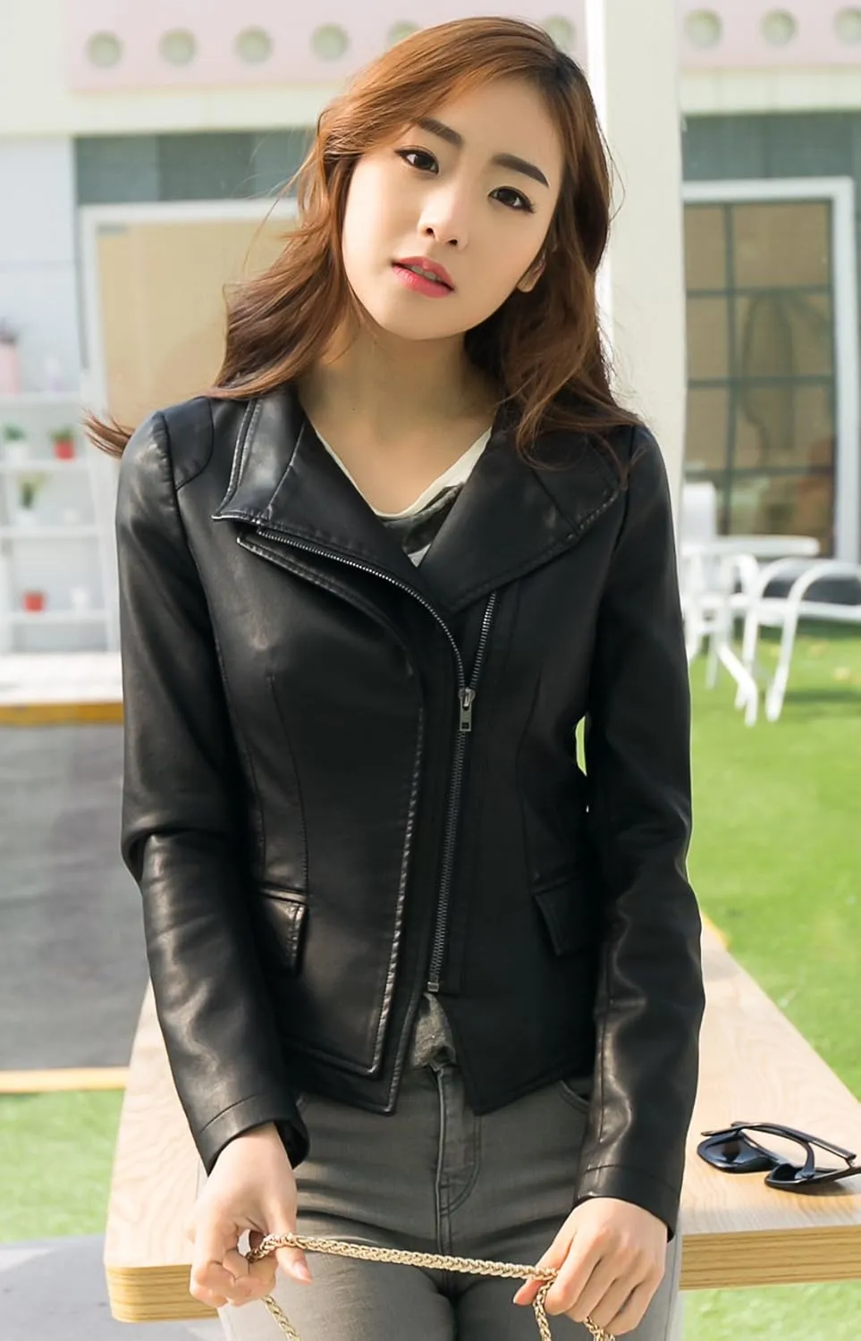 chouyatou Women's Stylish Oblique Zip Slim Faux Leather Biker Outerwear Jacket