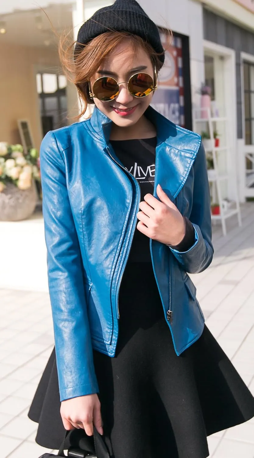 chouyatou Women's Stylish Oblique Zip Slim Faux Leather Biker Outerwear Jacket