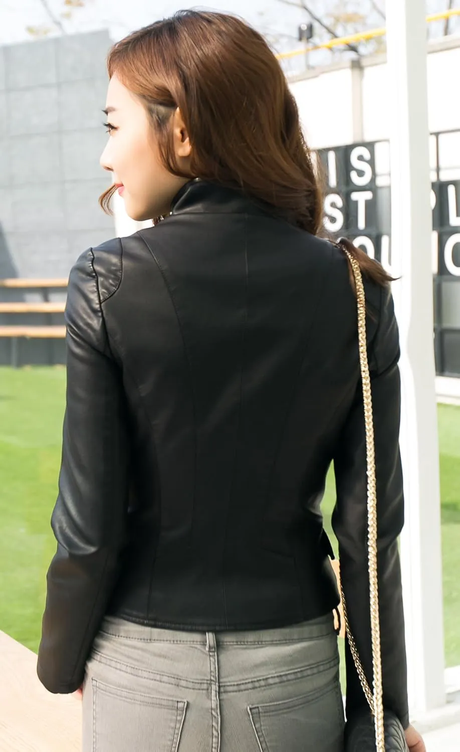 chouyatou Women's Stylish Oblique Zip Slim Faux Leather Biker Outerwear Jacket