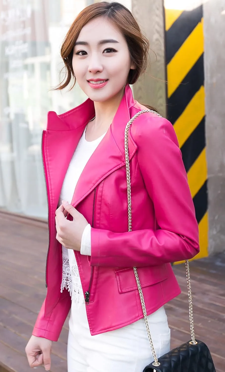 chouyatou Women's Stylish Oblique Zip Slim Faux Leather Biker Outerwear Jacket