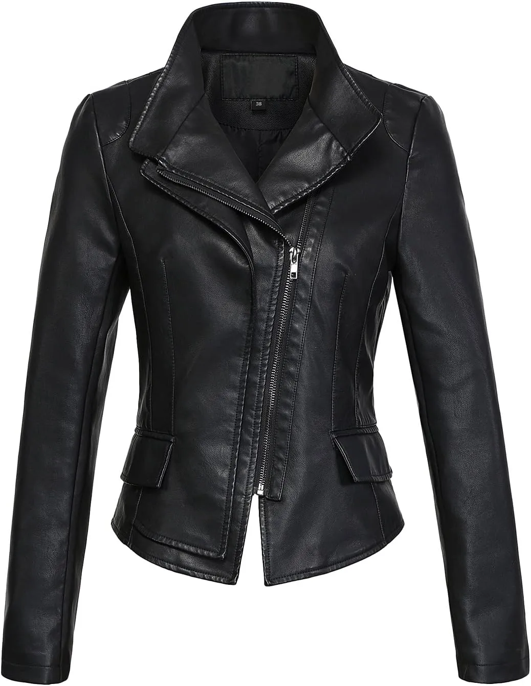 chouyatou Women's Stylish Oblique Zip Slim Faux Leather Biker Outerwear Jacket