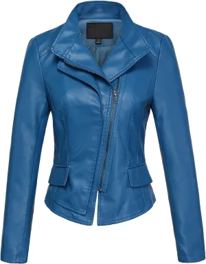 chouyatou Women's Stylish Oblique Zip Slim Faux Leather Biker Outerwear Jacket