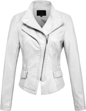 chouyatou Women's Stylish Oblique Zip Slim Faux Leather Biker Outerwear Jacket
