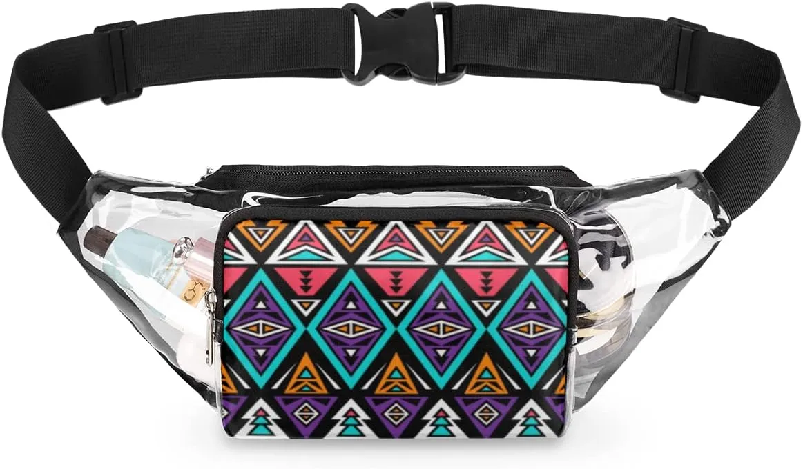 Clear Fanny Pack Stadium Approved Adjustable Artistic Aztec Boho Clear Belt Bag Cute Waist Pouch for Women Men Travel Sports Events Hiking Concerts