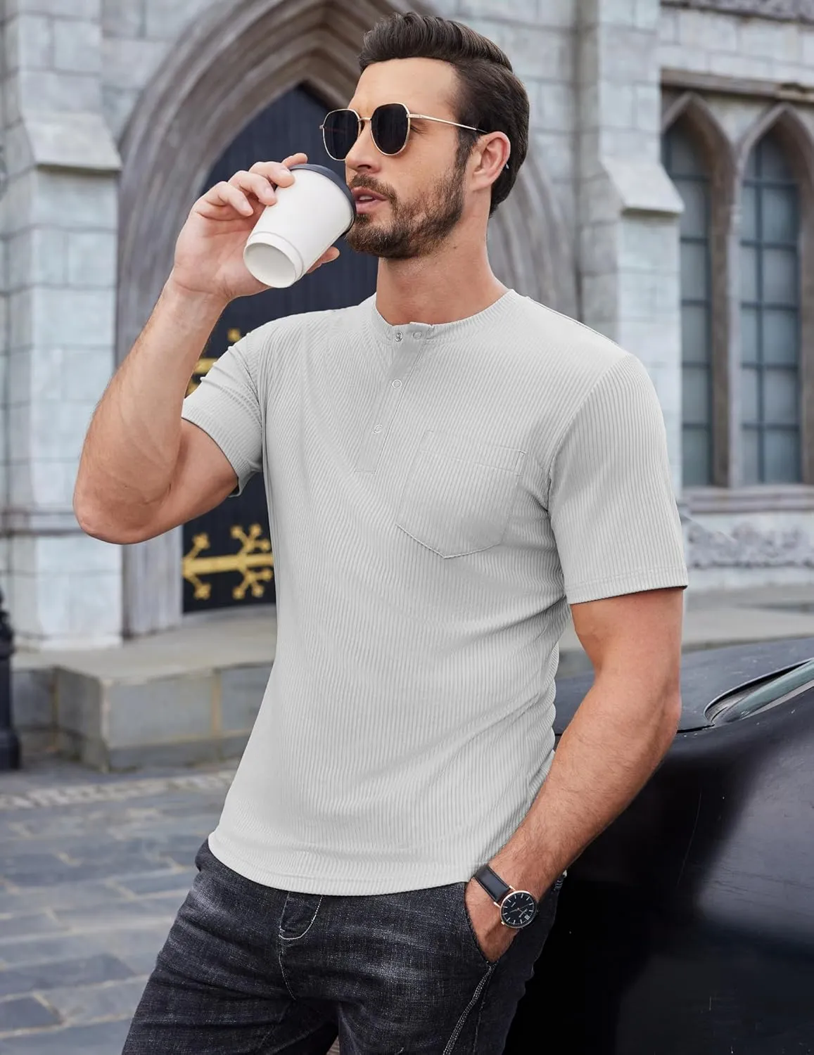 COOFANDY Mens Henley Shirts Short Sleeve Tshirt Basic Button Tees Summer Ribbed Pocket T Shirt Casual Stretch Tops