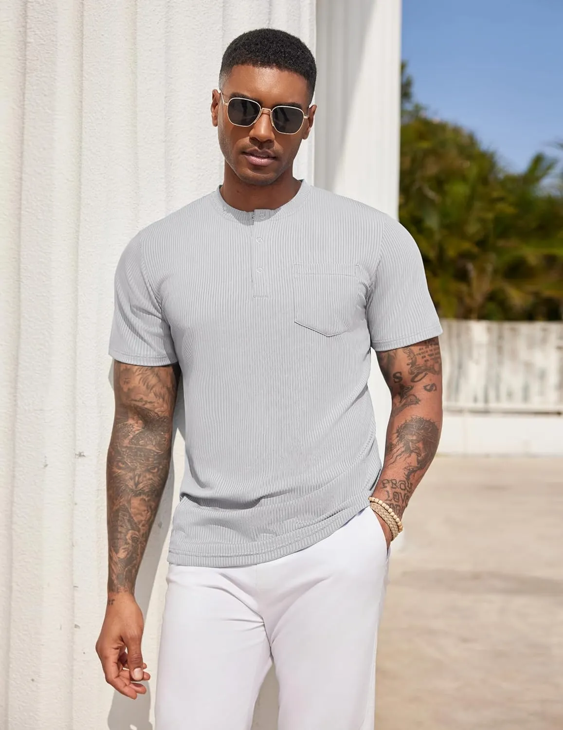 COOFANDY Mens Henley Shirts Short Sleeve Tshirt Basic Button Tees Summer Ribbed Pocket T Shirt Casual Stretch Tops