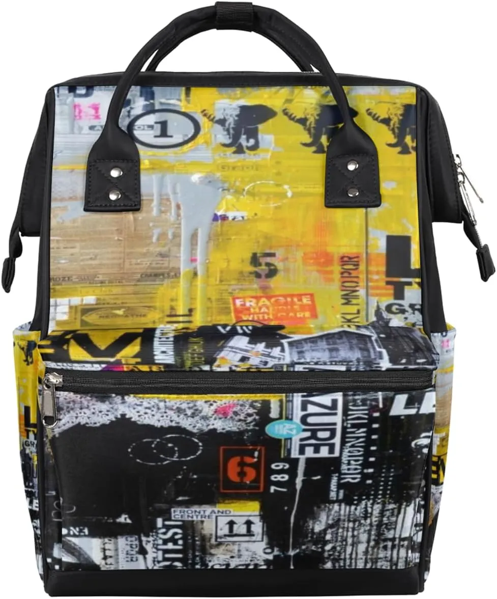 Creative Artistic Graffiti Black Yellow Diaper Bag Tote Large Capacity Waterproof with Adjustable Shoulder Strap and Pram Straps Mommy Bag for Hospital Beach Weekender Travel