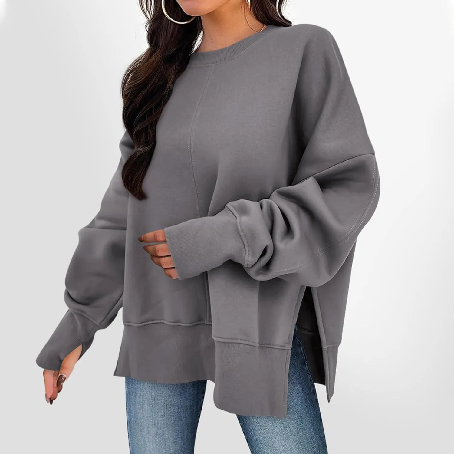 Crew Neck Sweatshirts Women Baggy Split Side Oversized Sweatshirt with Thumb Hole Comfy Lightweight Pullover Sweater