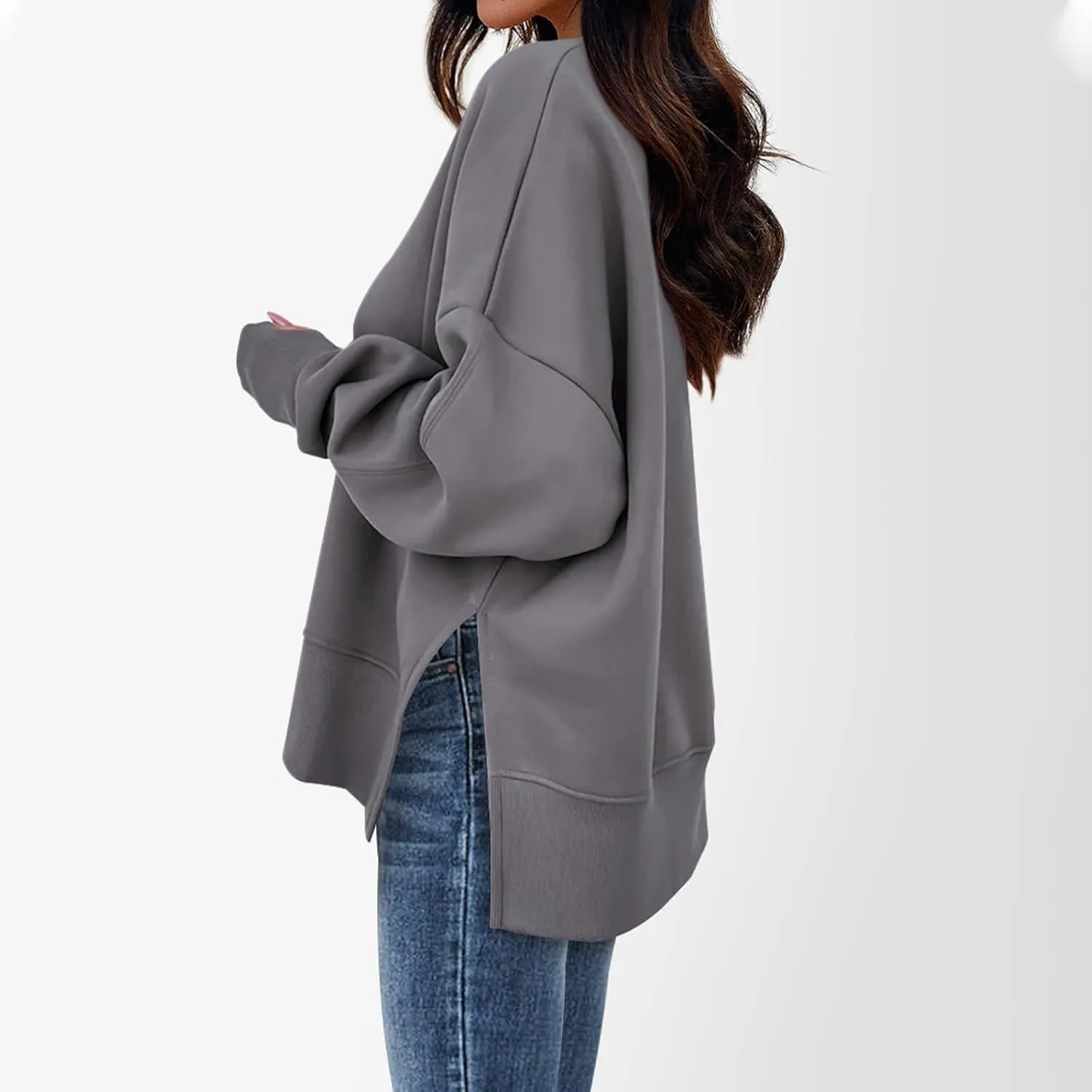 Crew Neck Sweatshirts Women Baggy Split Side Oversized Sweatshirt with Thumb Hole Comfy Lightweight Pullover Sweater