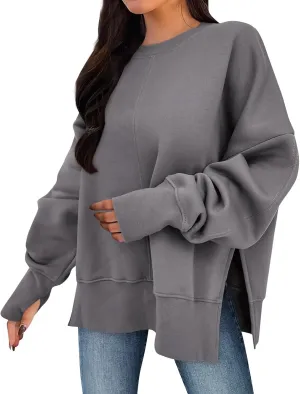 Crew Neck Sweatshirts Women Baggy Split Side Oversized Sweatshirt with Thumb Hole Comfy Lightweight Pullover Sweater