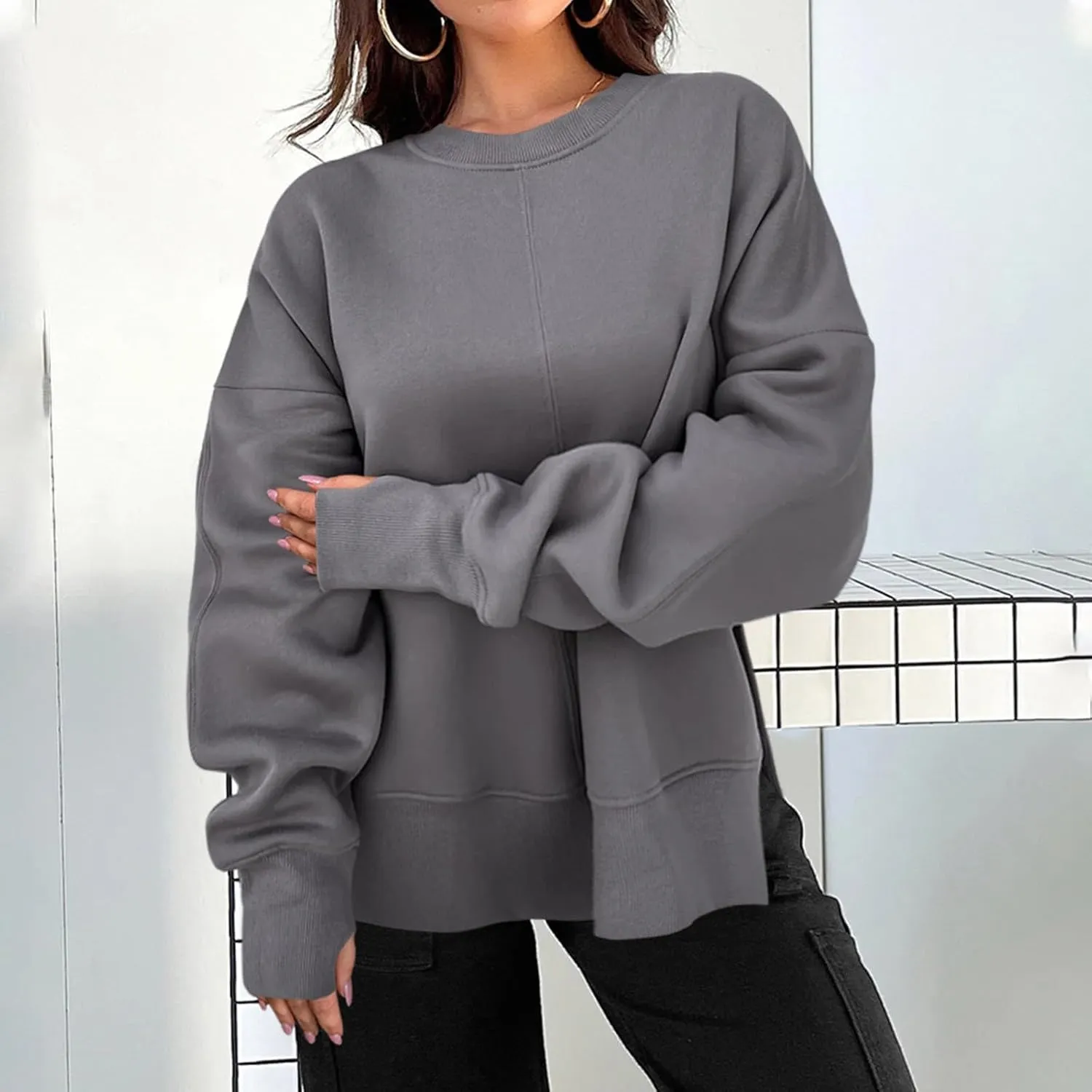 Crew Neck Sweatshirts Women Baggy Split Side Oversized Sweatshirt with Thumb Hole Comfy Lightweight Pullover Sweater