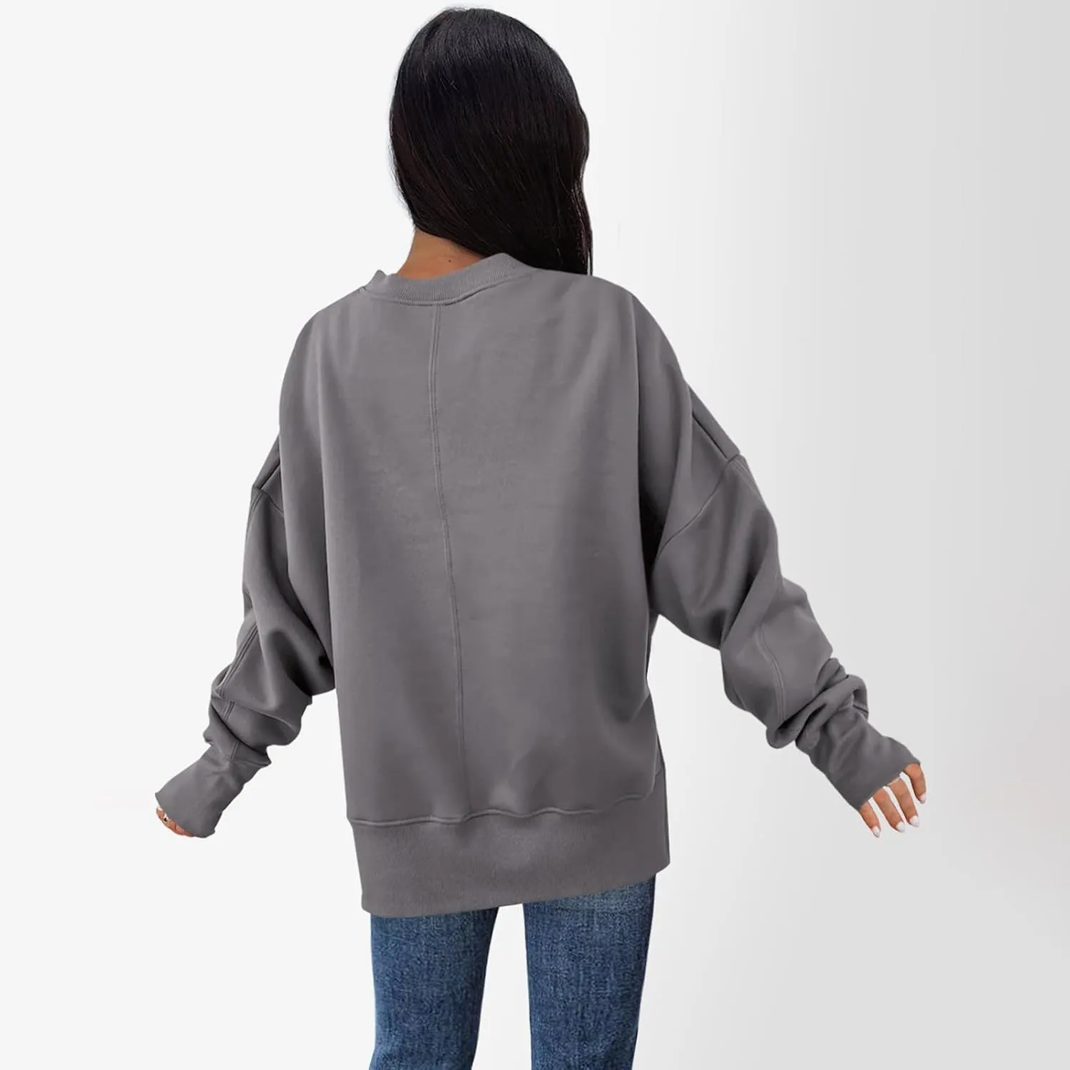 Crew Neck Sweatshirts Women Baggy Split Side Oversized Sweatshirt with Thumb Hole Comfy Lightweight Pullover Sweater