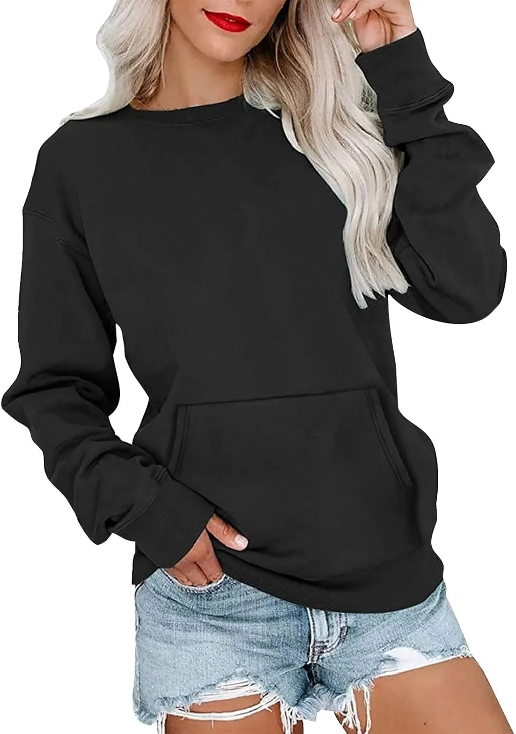 Crewneck Sweatshirts Women Fleece Oversized Hoodie Basic Trendy Hoodies Vintage Comfy Preppy Sweatshirt with Pockets