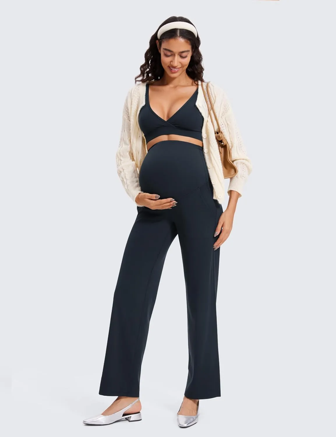 CRZ YOGA Women Butterluxe Maternity Wide Leg Pants with Pockets 31.5" - Over The Belly Workout Yoga Lounge Pregnancy