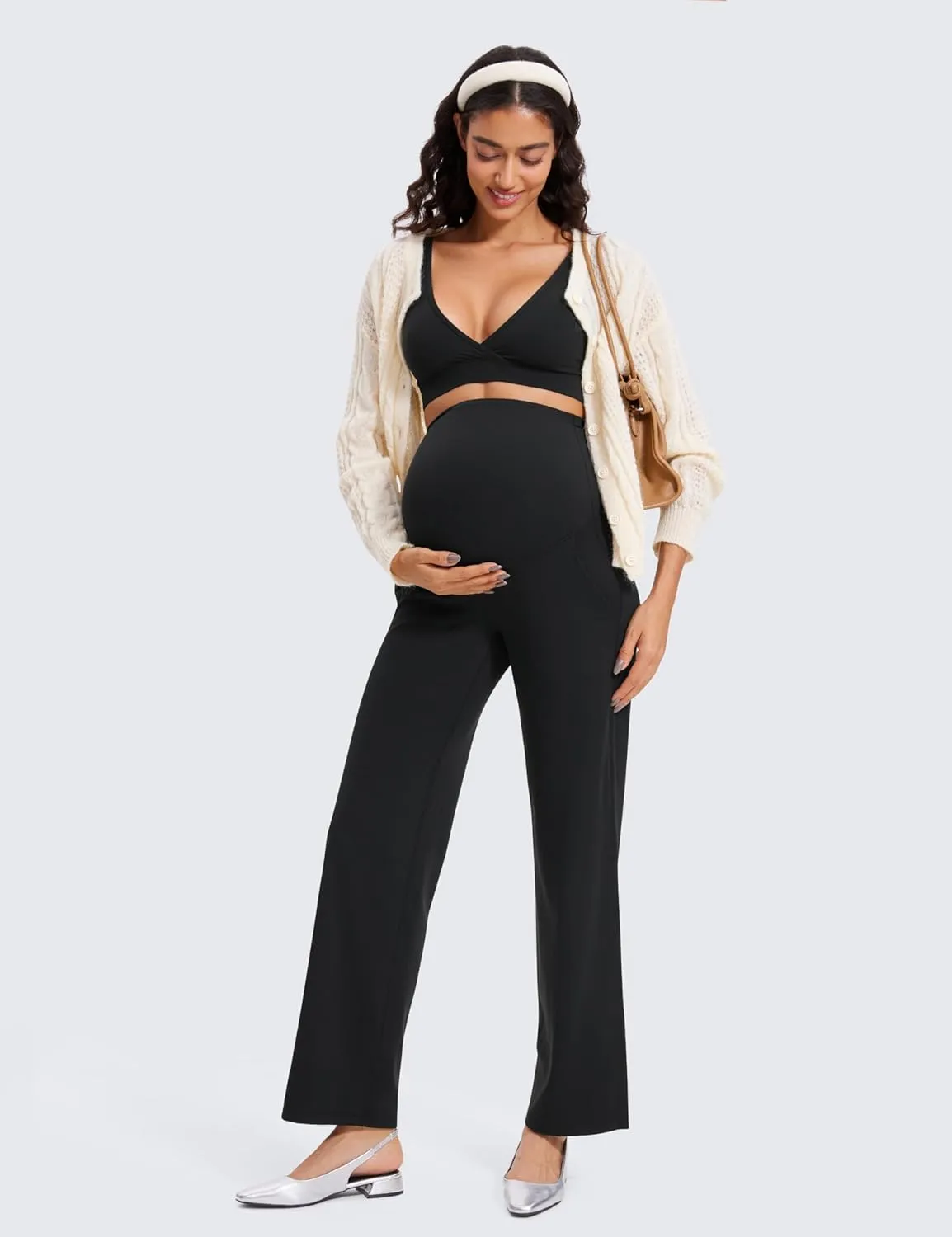CRZ YOGA Women Butterluxe Maternity Wide Leg Pants with Pockets 31.5" - Over The Belly Workout Yoga Lounge Pregnancy